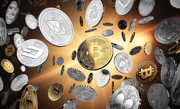 Cryptomonnaies alternatives en suspension, avec le Bitcoin au centre, en tant que la plus importante. Le Bitcoin est représenté comme le concept de cryptomonnaie le plus important. Illustration 3D.
