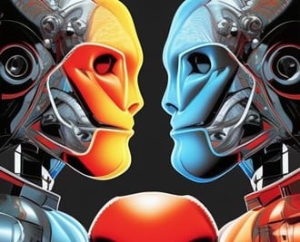 This image depicts two boxers facing off, illustrated by artificial intelligence.