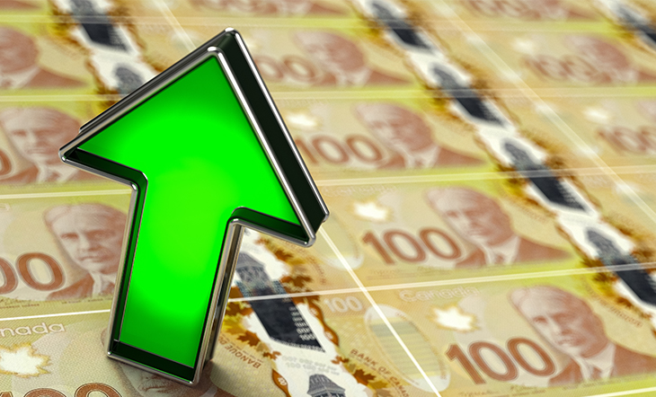 Illustration de la tendance à la hausse du dollar canadien avec une flèche verte
